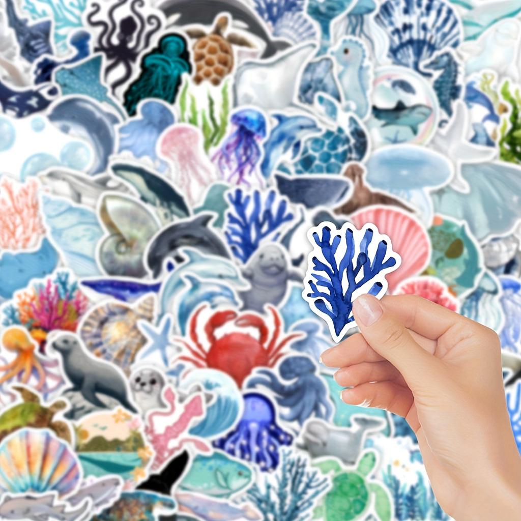 100pcs Ocean-Themed Marine Life Stickers PVC Decals with Dolphin Starfish Jellyfish Shells Coral Reefs Scrapbooking Stickers
