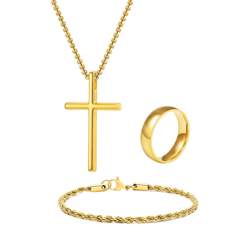Vnox Men's Cross Pendant Necklace Classic Wedding Rings Rope Chain Bracelet Jewelry Set, Jewelry Set Gift for Dad Son Husband