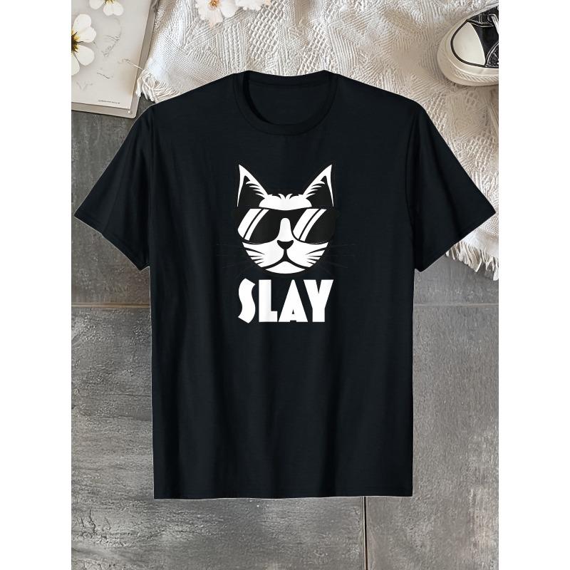 European Size Slay Cat, Graphic Tee, Gift, Funny, Cat Lover, T-Shirt, Summer casual and comfortable T-shirt, fashionable round neck short sleeves