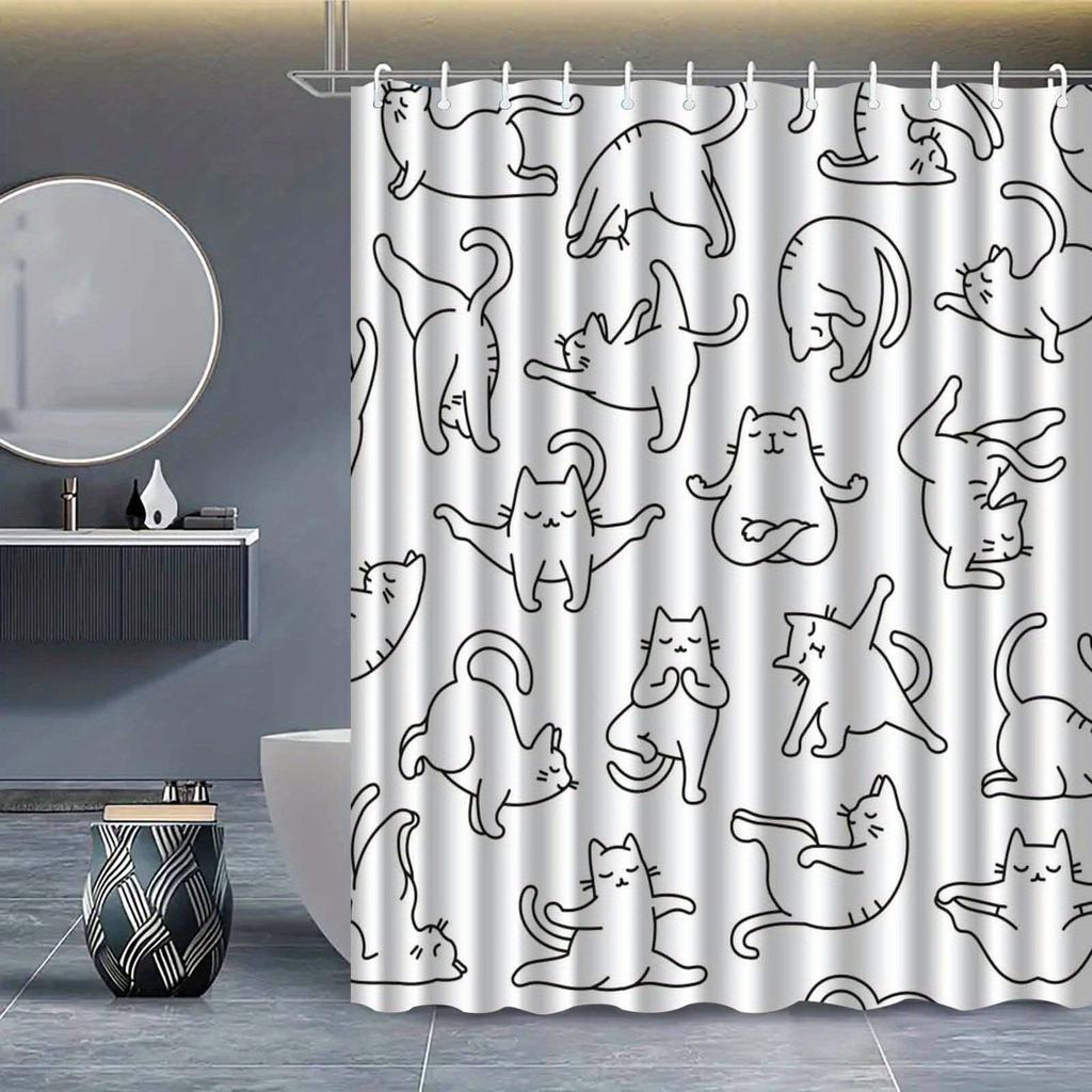 minimalist black and white line art cat yoga shower curtain for bathroom home decor with 12 hooks Enhance spatial aesthetics