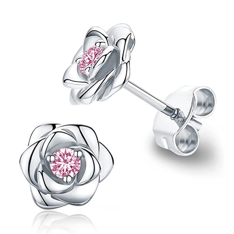 Huitan Exquisite Rose Stud Earrings for Women Luxury Sparkling Cubic Zirconia Temperament Sweet Flower Earrings Fashion