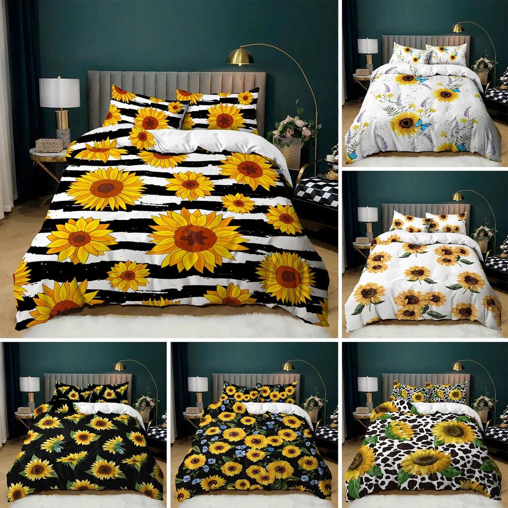 Sunflower Duvet Cover Set King Size 3D Sunflower Butterfly Nature Bedding Set Botanical Plants Novelty Polyester Comforter Cover
