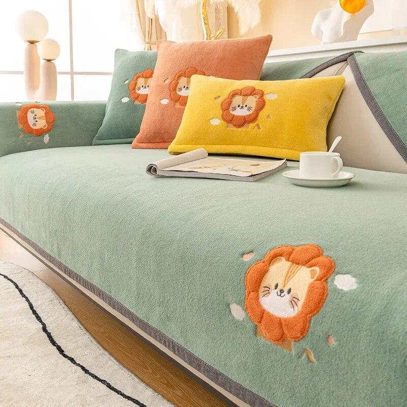 Cartoon Lions Plush Sofa Cover Winter Thickening Super Soft Warm Cushions Non-Slip Living Room Leather Sofa Backrest Armrests