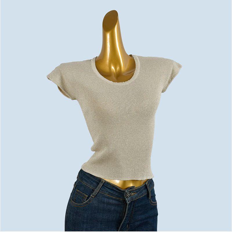 French Style Temperament Slim Fit Short Sleeve T-shirt Women Small Flying Sleeve Summer Thin Sweet Knitted Short Simple and Versatile Top