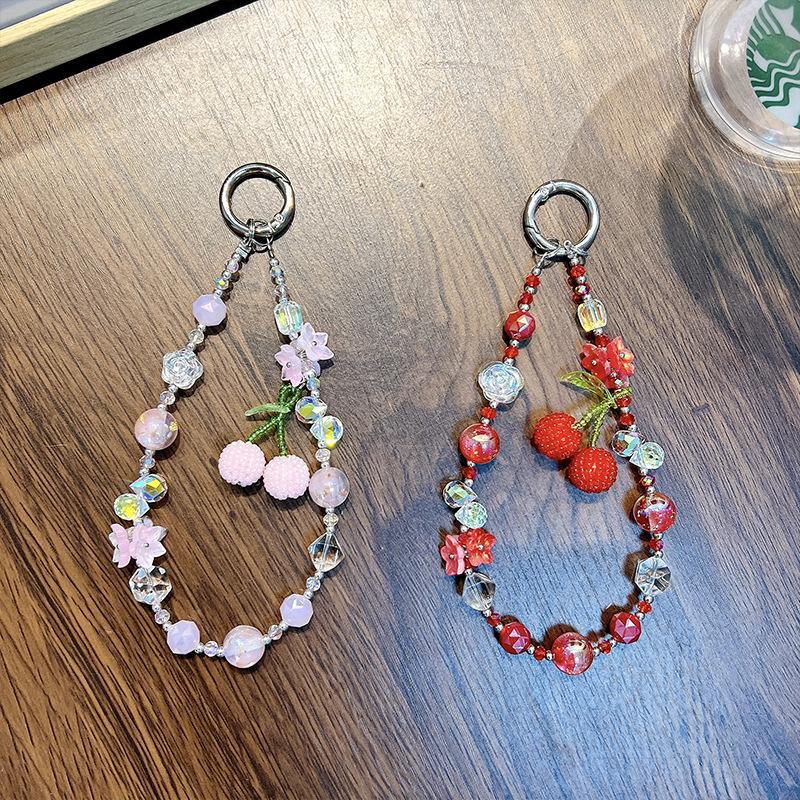 Cherry Beaded Mobile Phone Chain Crystal Bow Key Bag Lanyard Pearl Mobile Phone Lanyard
