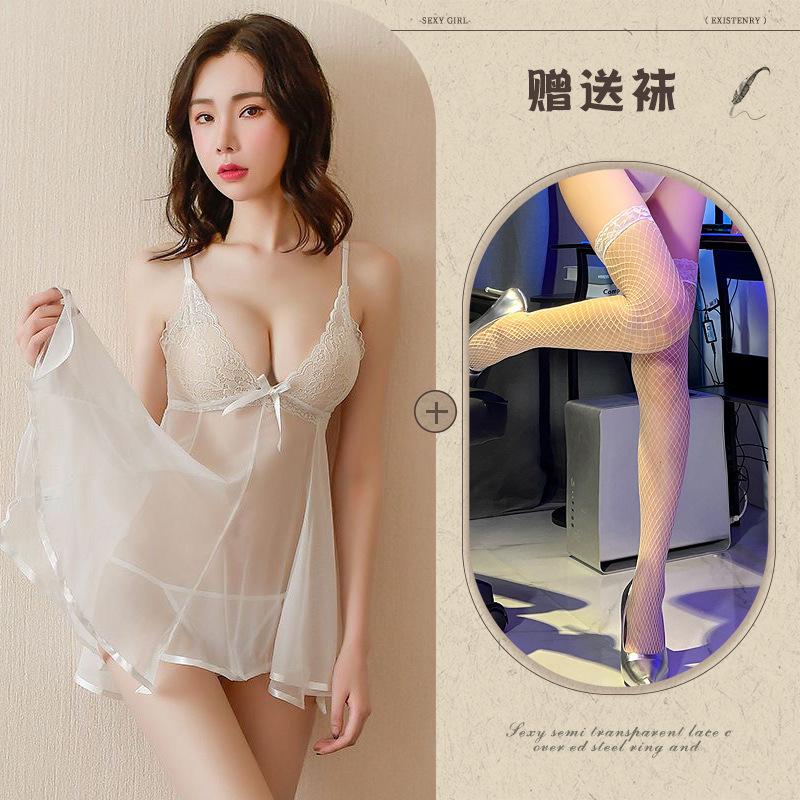 Sexy mesh pajamas erotic underwear perspective nightdress set suspender halter lace erotic loungewear