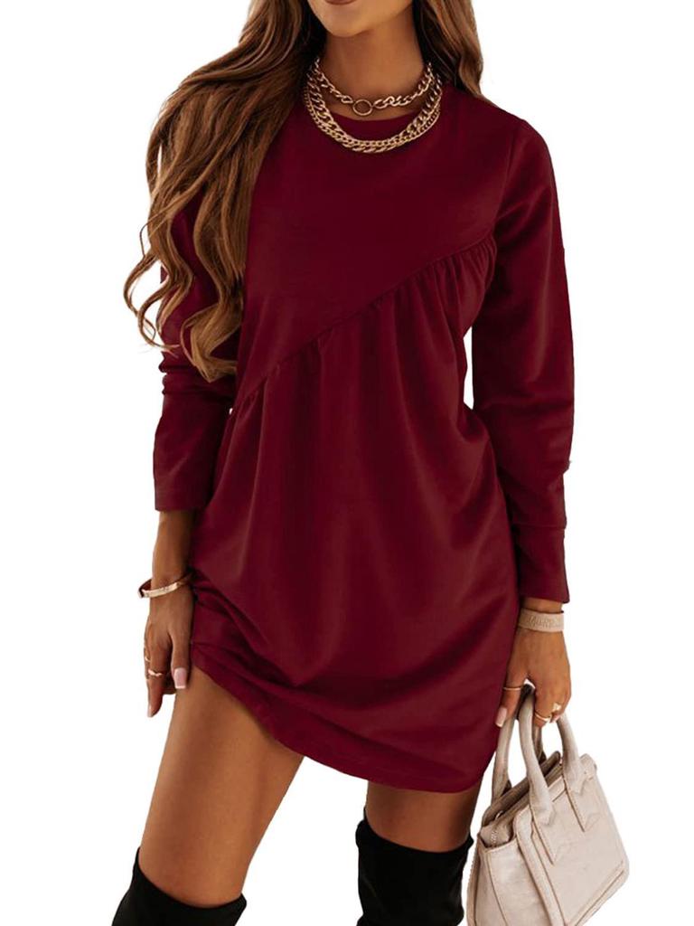  Autumn/Winter Women's Solid Color Long Sleeve Irregular Neck T-shirt Dress