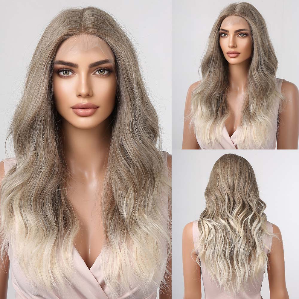 ALAN EATON Synthetic Front Lace Wig Long Wavy Wigs Ombre Grey to Blonde Daily for Women High Density Heat Resistant Hair