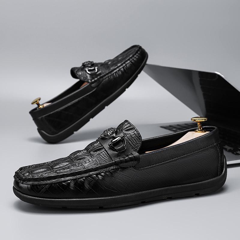 Flat-bottom Men's Leather Loafers, Round-toe Men's Casual Shoes, Soft Surface Full-grain Canvas Shoes, Classic Retro Summer Prom