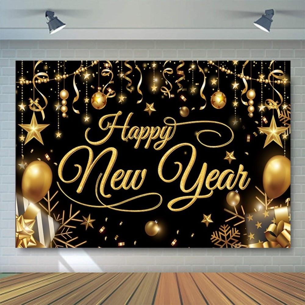 Black Gold 2026 New Year Backdrops Colorful Balloon Night Glittering Celebration Banner Polyester Champagne Party Background