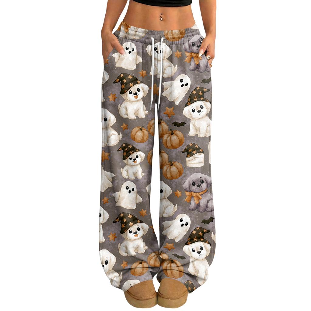 Women's Casual Halloween Print Loose Wide Leg Pants with Elastic Waist and Drawstring