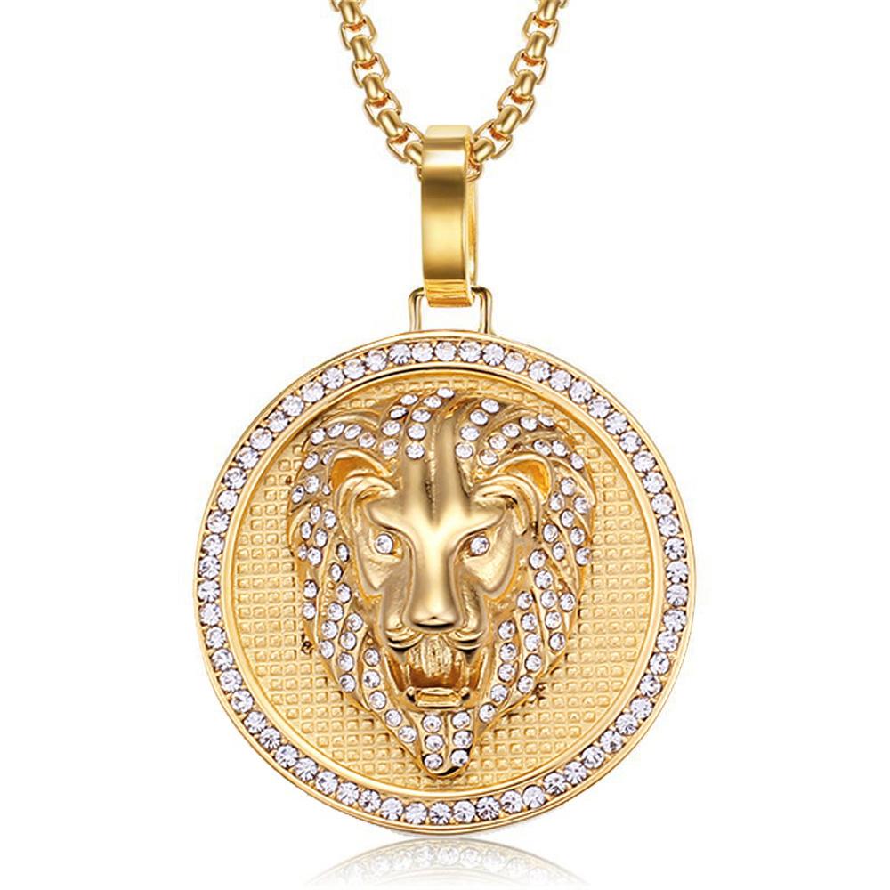 

Punk Iced Out Bling Lion Head Pendants Gold Color Stainless Steel Animal Charm Round Necklace for Men Jewelry Male Gift 2025 60cm