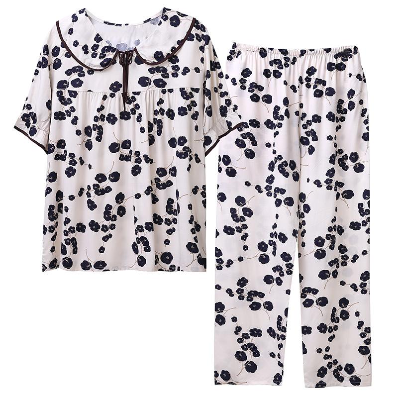 Summer day new pajamas women's short-sleeved cropped pants 10 pcs faux cotton silk set petal collar quality loungewear