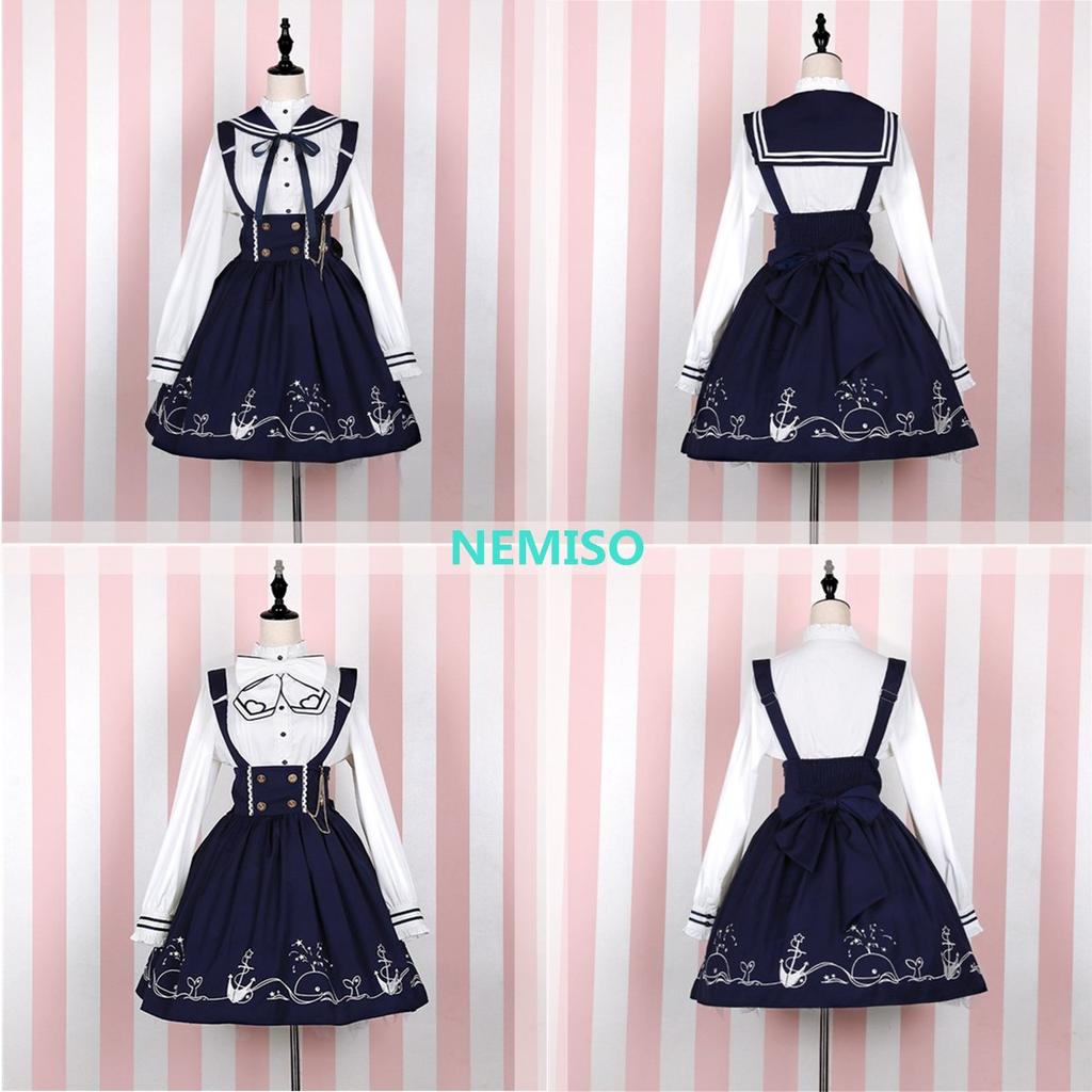 NEMISO Lolita Matrosen-Lolita Langes Matrosen-Set Perfekt für die Schule Marineblau und Weiß Kleid, Kostüm, Ärmel, Hosenträger, Rock, Band, Kragen, Schleife,