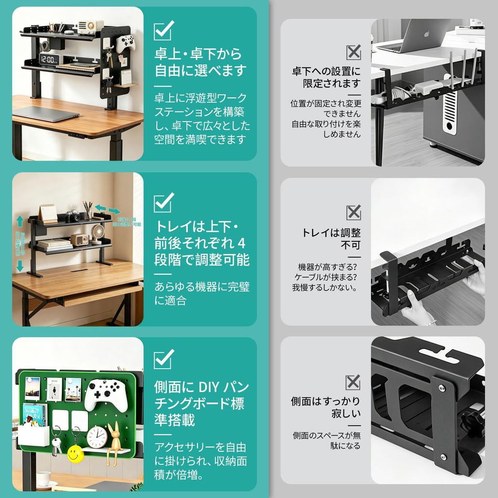 BRLLICZ Desk Storage Rack No Drilling Adjustable Shelves Clamp Can Be Installed Under Includes Perforated Pen and Earphone Stand for Cable Easy Desk