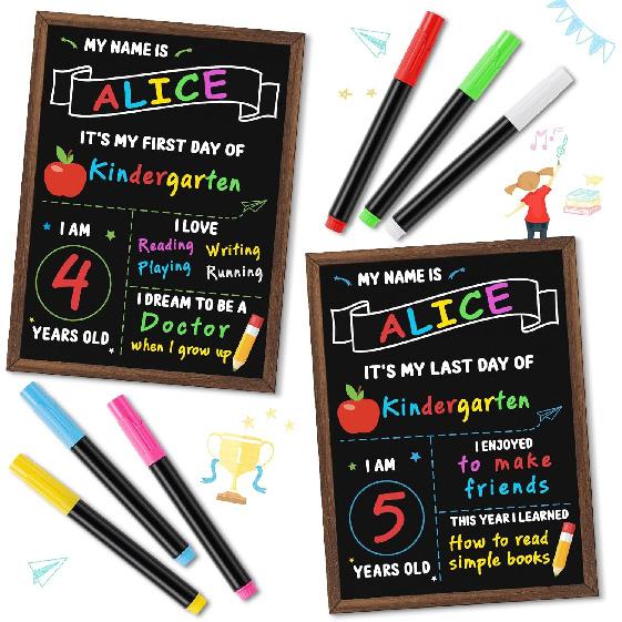 First & Last Day of School Board, 14 X 10.5 Inch Double Sided Back To School Chalkboard with Frame, Reble Wooden 1st Day of Preschool/Kindergarten
