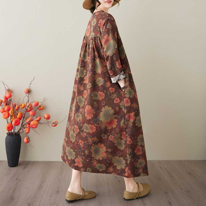 Spring and Summer New Style Retro Cotton and Hemp Round Collar Pocket Long-sleeved Dress Female Loose Thin A Line Skirt