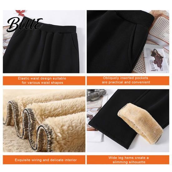 Thick Fleece Lining Straight Wide Pants Elastic Autumn Winter Trousers Women High Waist Leg Solid