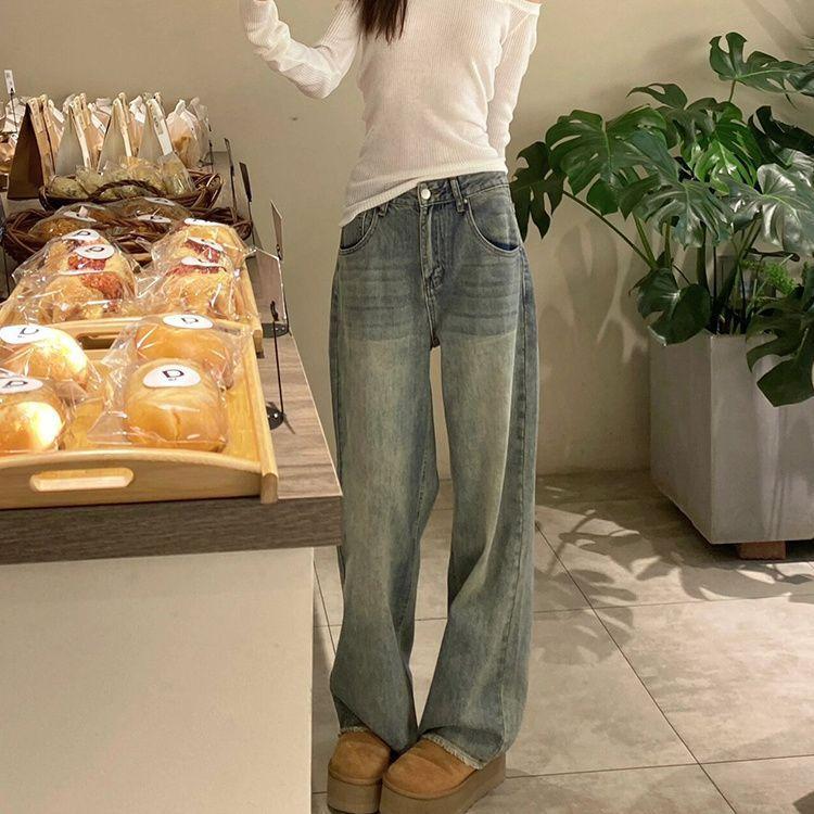 

Autumn Nostalgic Blue Washed Wide-legged Jeans Female High-waisted Skinny Loose Straight Ragged Dragging Pants Retro Baggy Long Jeans for Ladies 4XL