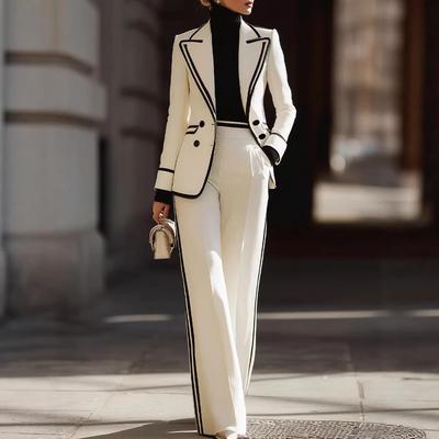Women's Off White Double Breasted Blazer Suit Set with Black Trim