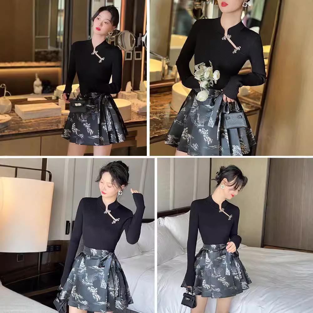 2025 A/W Women's Chinese Style Black Pleated Horse Face Skirt, Guofeng Petite Half Skirt, Anti-Exposure, Short Design
