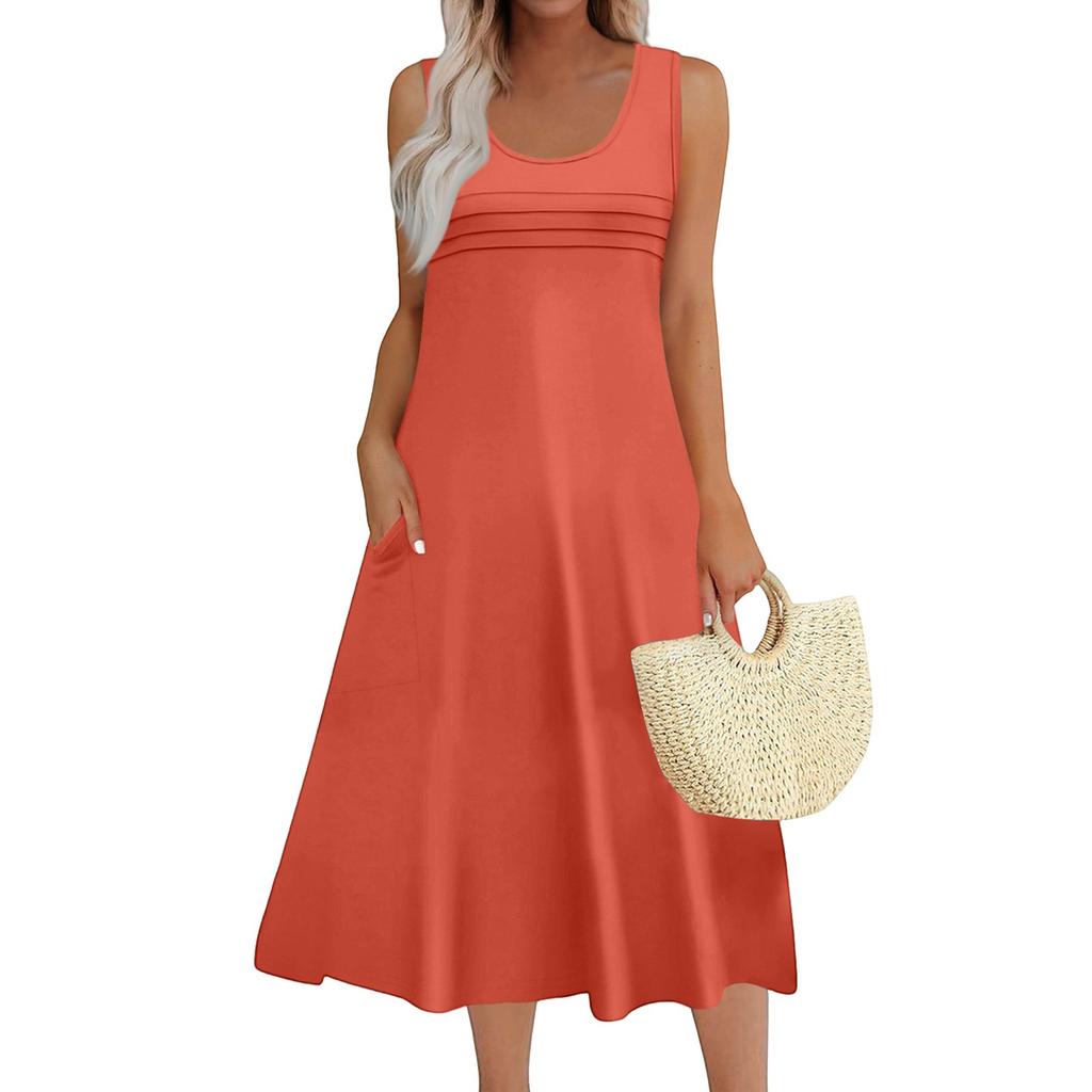 Women's Fashion Round Neck Sleeveless Pleated Beach Dress With Pockets Long Solid Color Dresses