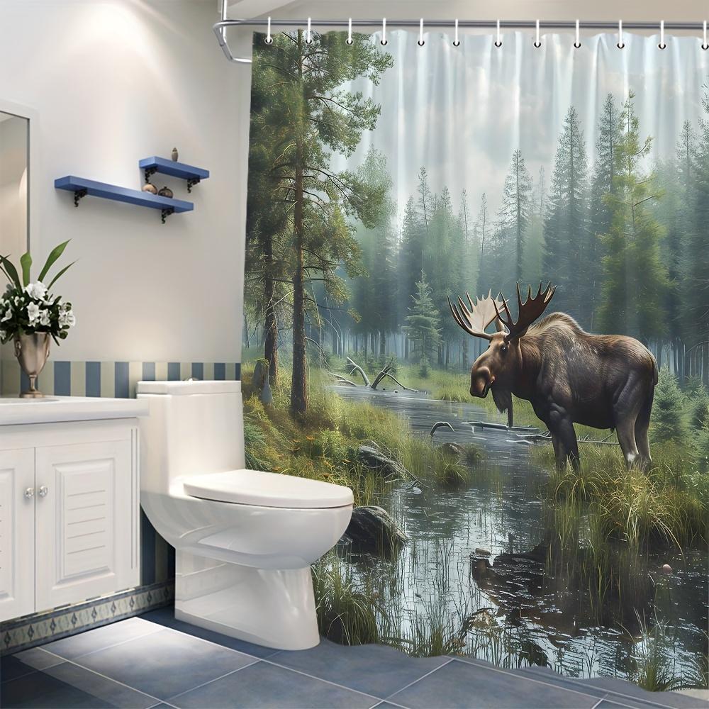 Deer Forest Wildlife Shower Curtain Moose Trees Outdoor Nature Landscape Bathroom Decor With Hooks