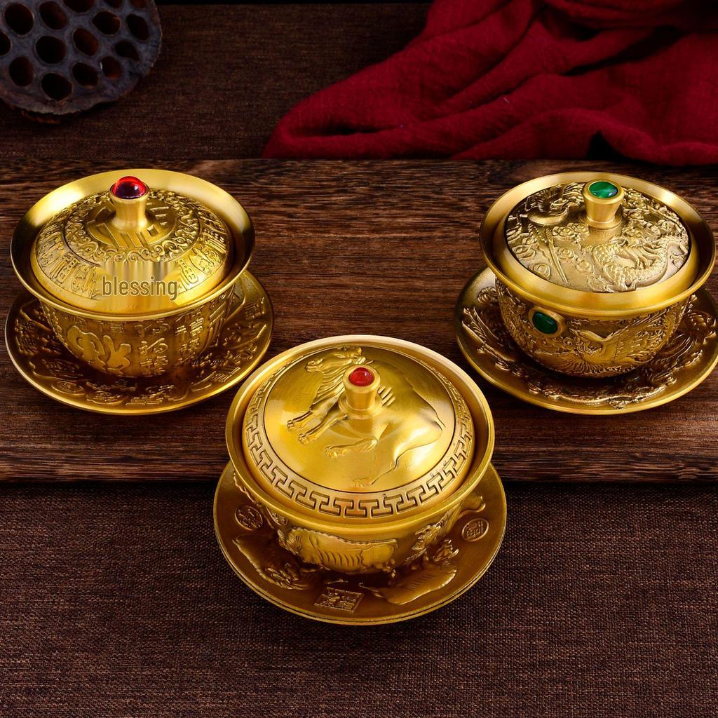 Brass Tea Set: Three-Piece Set with Tea Lid Bowl, Five Bulls Lid Bowl, Hundred Blessings Lid Bowl, Dragon & Phoenix Embossed Tea Bowl