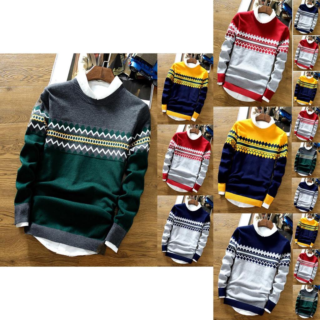 Slim Knit Men Color Block Sweater Crew Neck Jumper Top Winter Pullover Knitwear