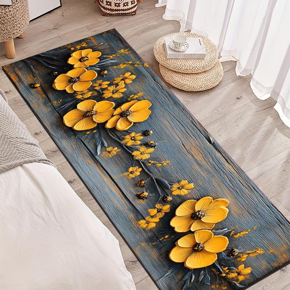 1Pcs Pastoral Style Yellow Flower Bee Non-Slip Washable Area Rug Runner for Entryway, Living Room, Bedroom & Patio