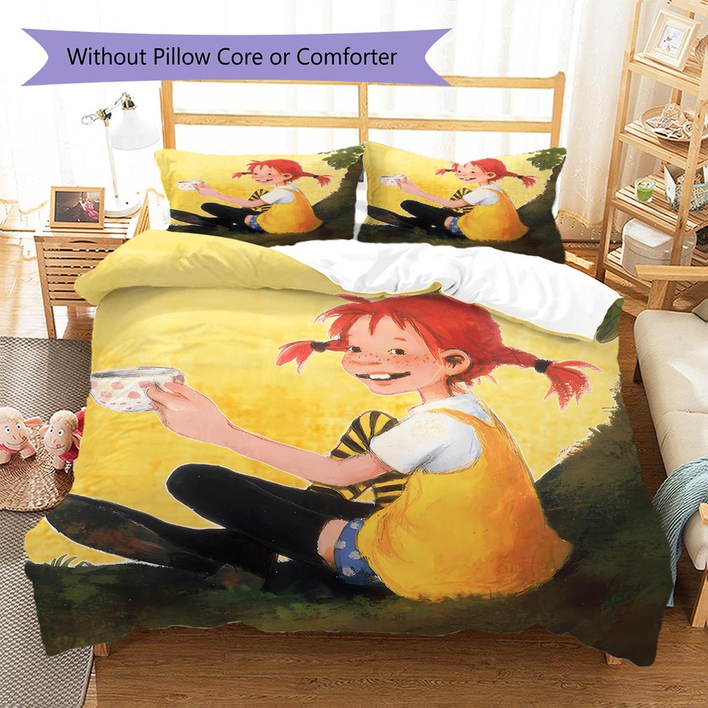 Pippi Longstocking Pattern Bedding,Quilt Set Quilt Cover Pillowcase Home Birthday Gift (1 * Duvet Cover + 2 * Pillowcase, Without Core)