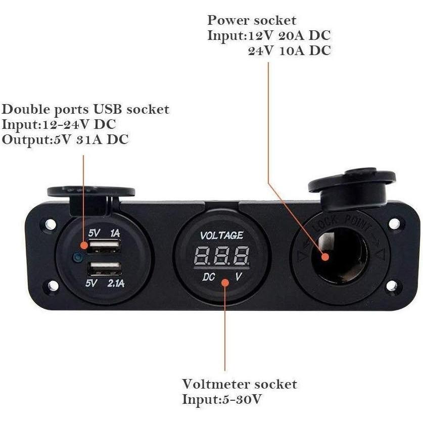 Dual USB Socket Charger + LED Voltmeter + 12V / 24V Power Outlet 3 In 1 Multi-function Three Hole Panel for Truck Trailer Boat Camper Motorhome