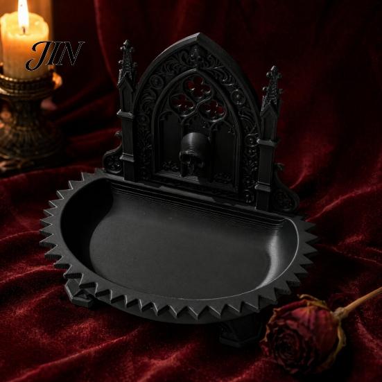Dark Niche Desk Decor Church Carving Design Storage Box, Matte Black Desktop Organizer for Rings Incense Tray Bracelets Goth Decor, Gothic Style