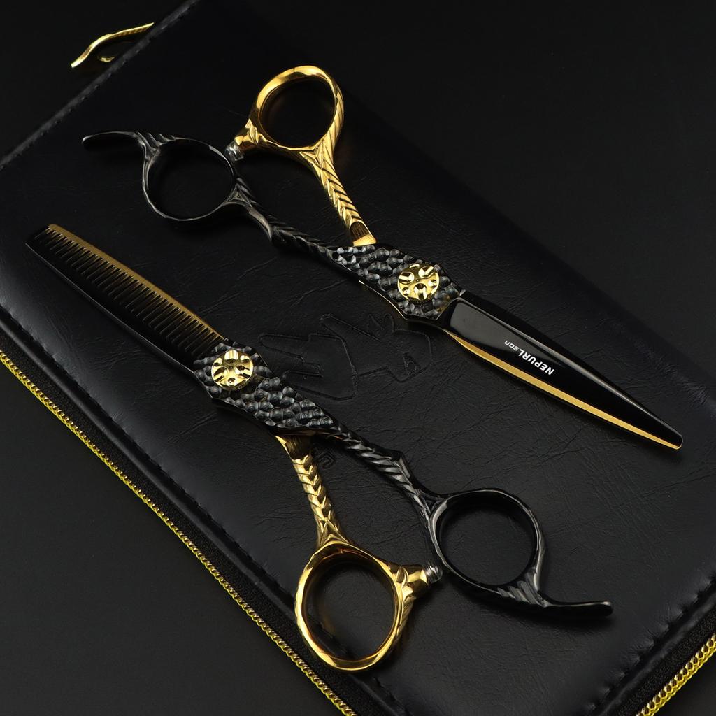 Black and gold Dimaxi handle hair scissors, haircut, flat scissors, bangs scissors, thin scissors FMH-01
