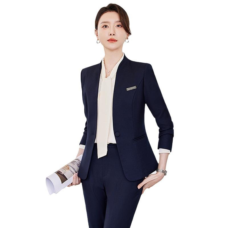 Women's Navy Blue Petite Suit Set for Spring/Autumn - Professional Dress for Interviews & Business