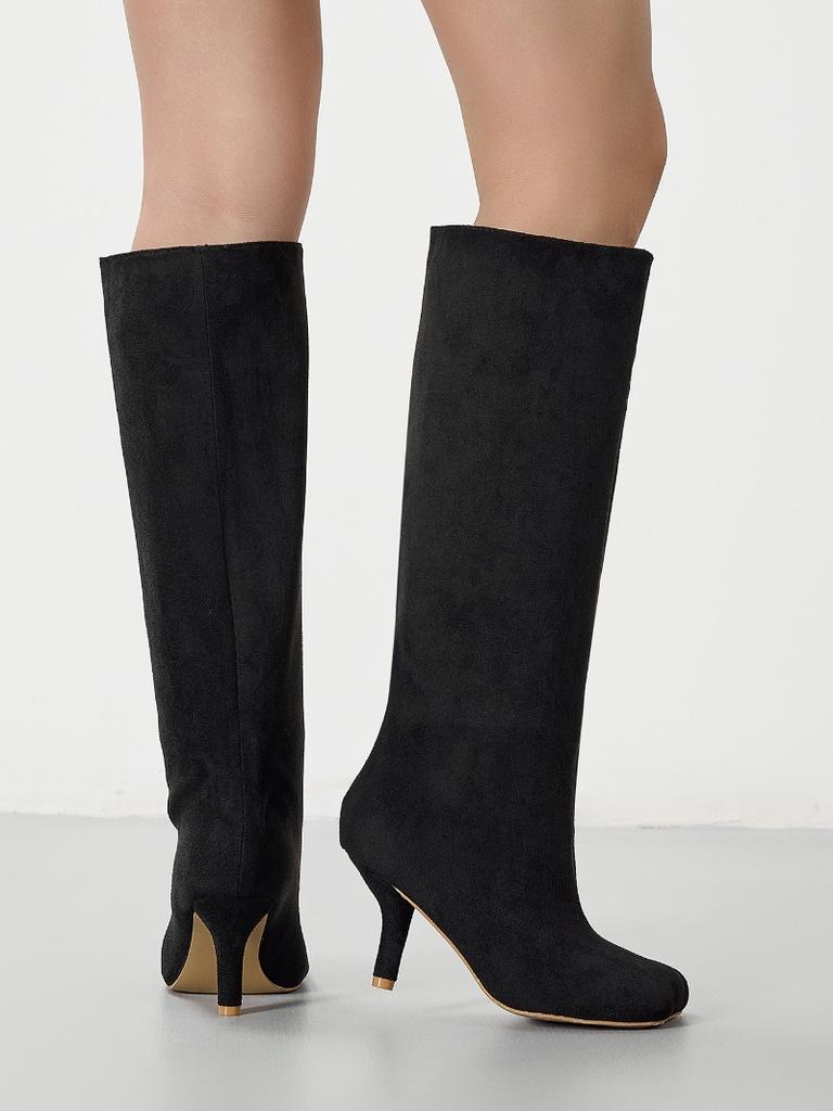 Mode Weitende und Vergrößernde Damen Kniehohe Wildleder Weitschaft Quadratische Zehenpartie Hohe Stiefel Schuhe für Damen Plateau-Stiefel