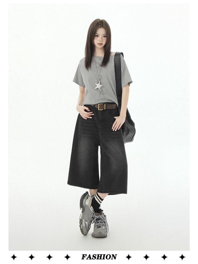 Women's American Retro High Waist Seven-Point Denim Shorts - Spring/Summer 2026, Slimming Wide-Leg Mid-Length Design.