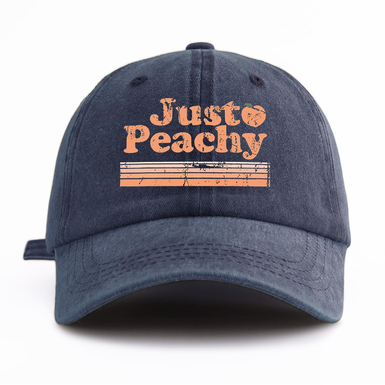 

1pc JUST PEACHY Print Washed Baseball Cap for Adults,Minimalist Retro Style Casual Soft Adjustable Dad Hat, Perfect As Gift темно-синього кольору