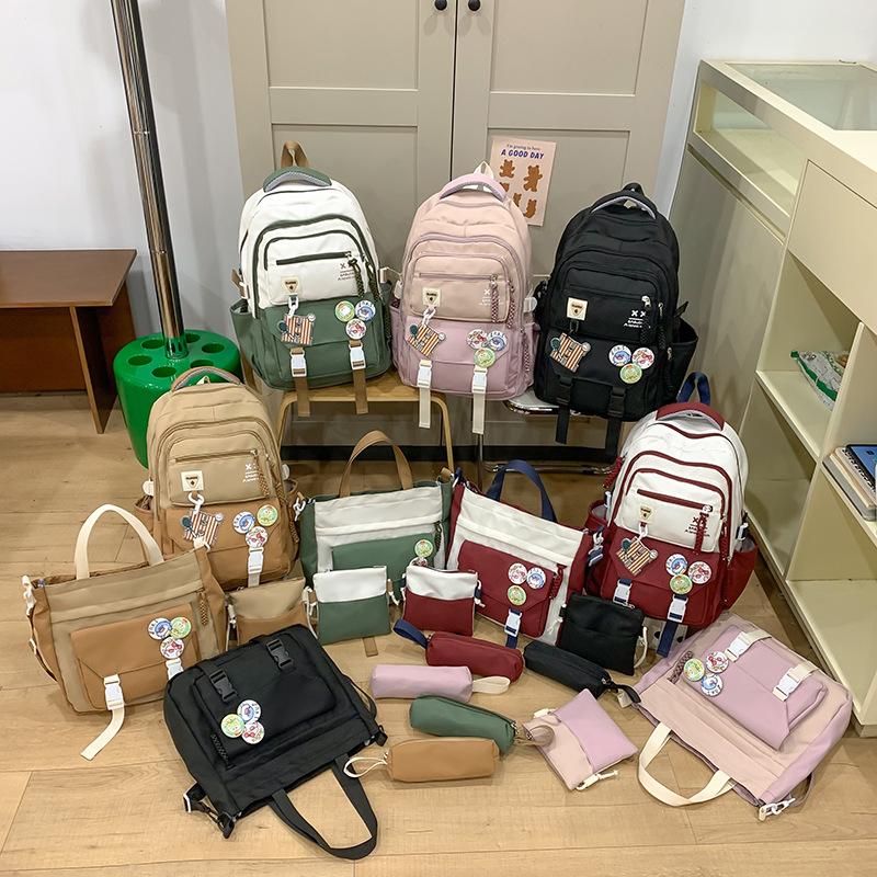 New Student Schoolbags Fashionable and Trendy Color Blocking Backpacks  Multi Piece Set  Large Capacity Primary and Secondary School Schoolbags