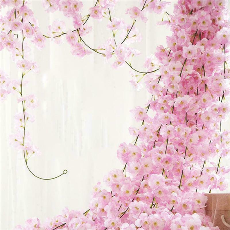 Cherry Rattan Artificial Fake Flower Sakura Hanging Wedding Garland Decor Plant