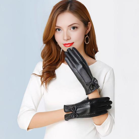 Women Faux Leather Gloves Fleece Lined Touch Screen Gloves Warm Winter Gloves with Bows for Driving Commuting Dating