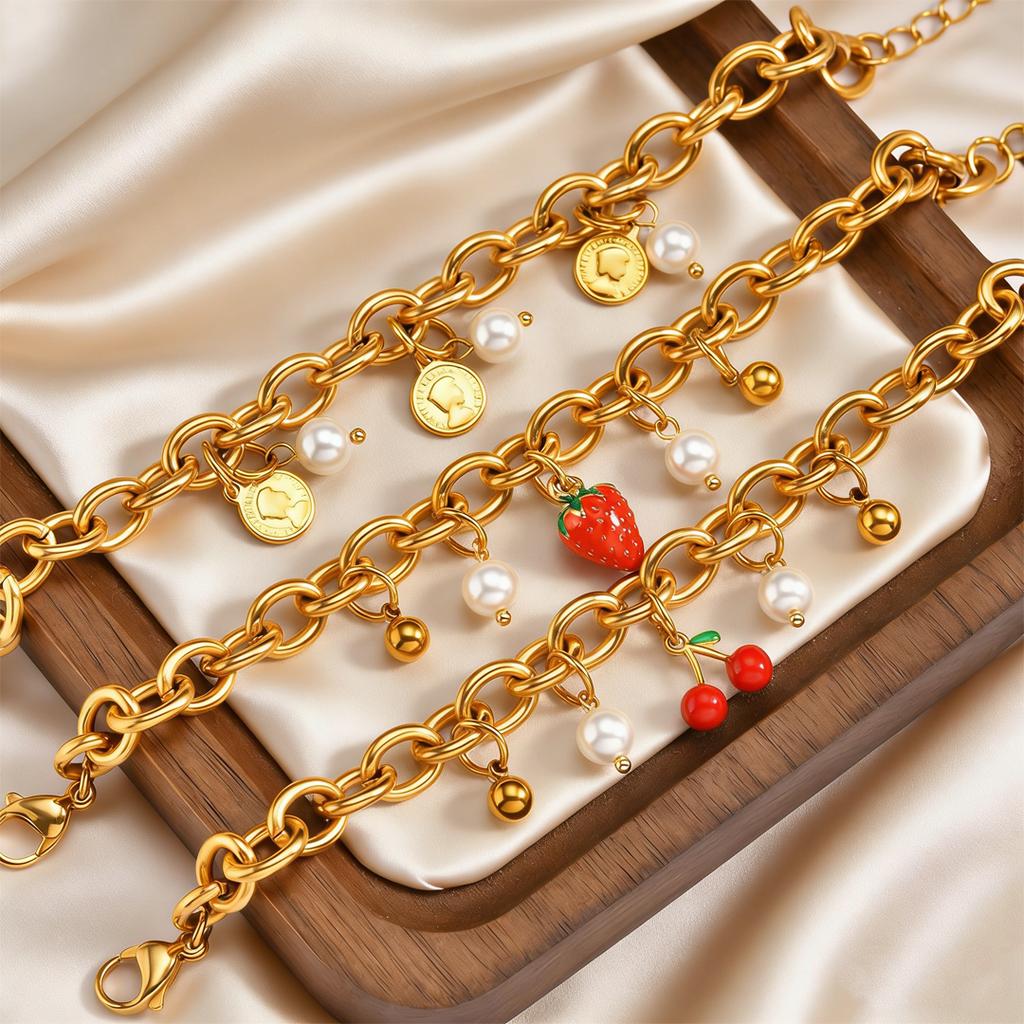 Trendy Sweet Red Cherry Strawberry Bracelet for Women, 18K Gold Plated Stainless Steel Charm Bracelet,No-fading Delicate Jewelry