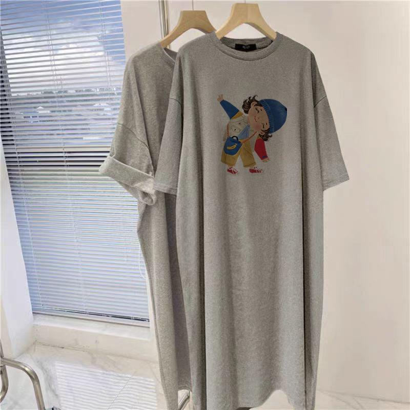 Large Size Women's Pure Cotton Short-sleeved T-shirt Dress, Summer Top, Fat Mm To Cover The Belly, Age Reduction and Thin Knee Dress