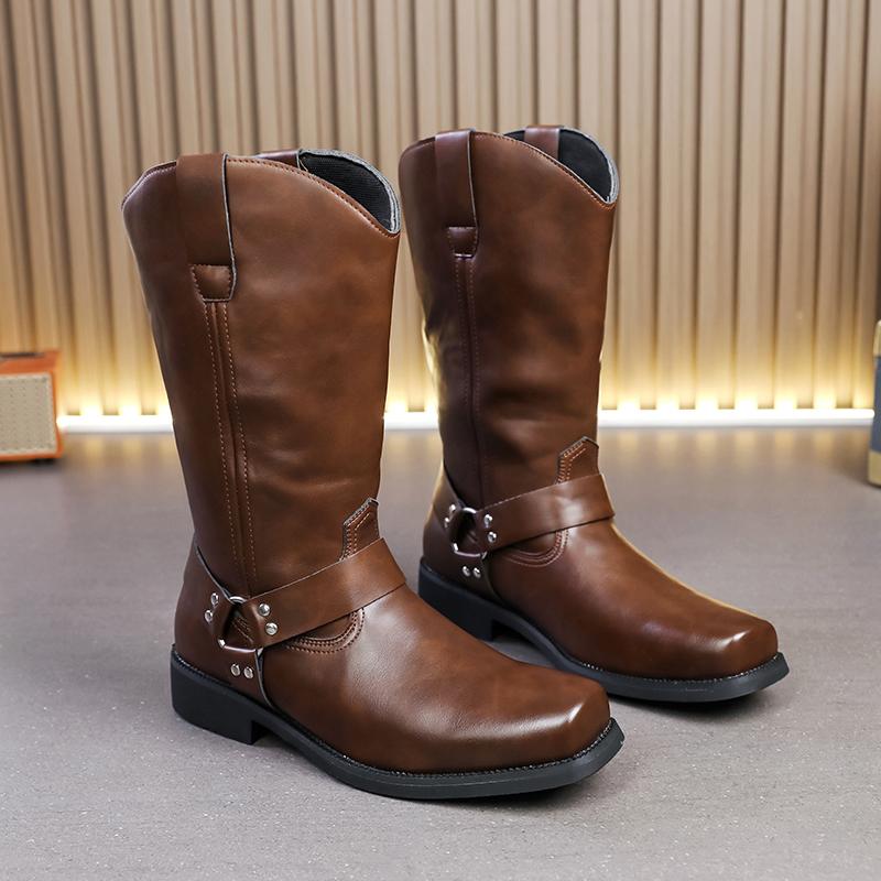 Men Retro Cowboy Boots Black Brown British Style Men High Top Boots Knight Boots Mid Top Boots Men Sizes 38-46 Men Shoes