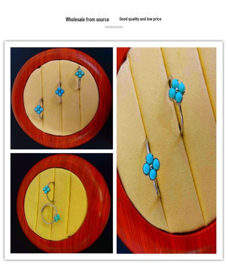 S925 Silver Natural Hubei Turquoise Four-Leaf Clover Ring for Women - Adjustable and High Porcelain Finish