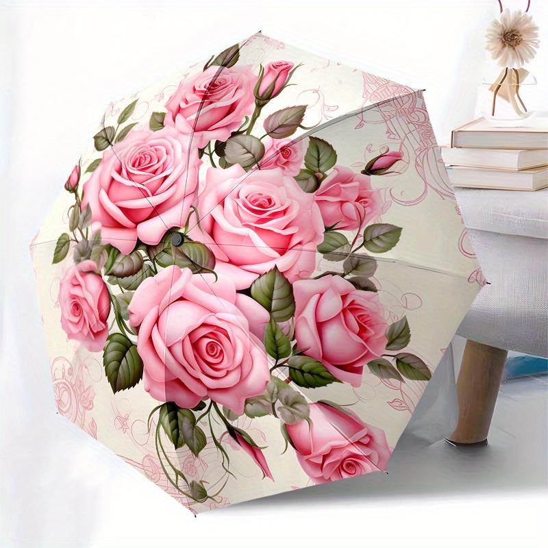 Rose Bouquet Automatic Folding Umbrella  Simple Eight Rib Design, Bright Color Pattern, Durable Iron Frame, Ideal for Travel and Outdoor, Be