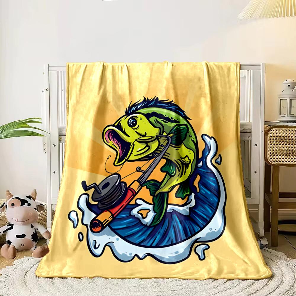 Cartoon Fish with Fishing Rod Graphic Blanket Flannel Blanket for Bedroom, Living Room, Sofa, and Nap Sofas.