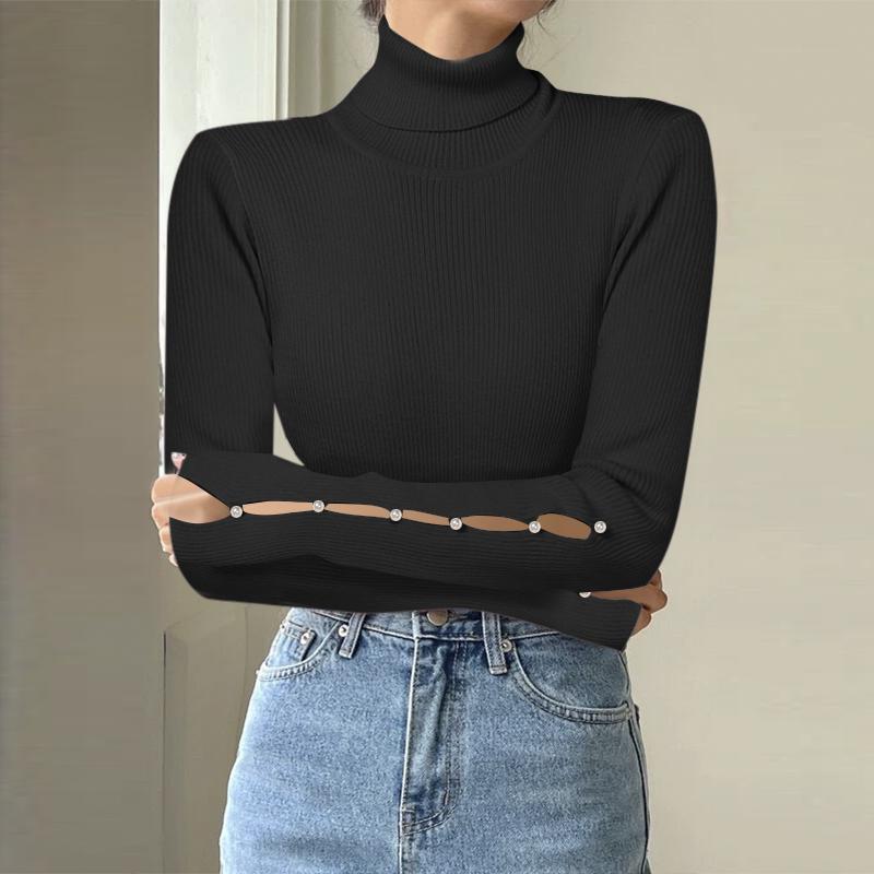 VONDA Women Winter Autumn High Neck Pearl Decorated Long Sleeve Striped Sweaters Undershirts