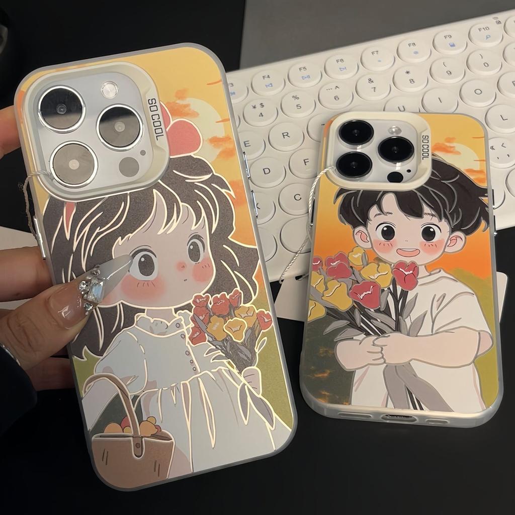 Flower Picking Boy iPhone16promax Mobile Phone Case 15plus Anti-drop for Apple 14 Hard 12 Couple 13 Hard