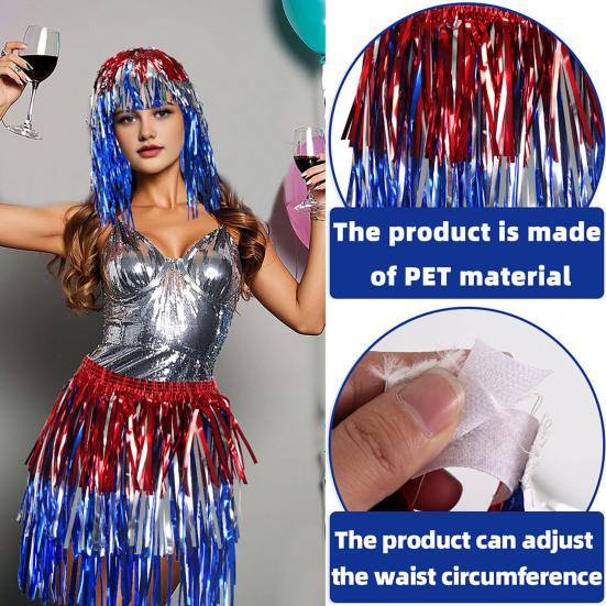 Yousheng Folien Lametta Perücken und Kostüm Disco Themen Fransen Outfit mit elastischer Taille Metallic Cosplay Tanzzubehör